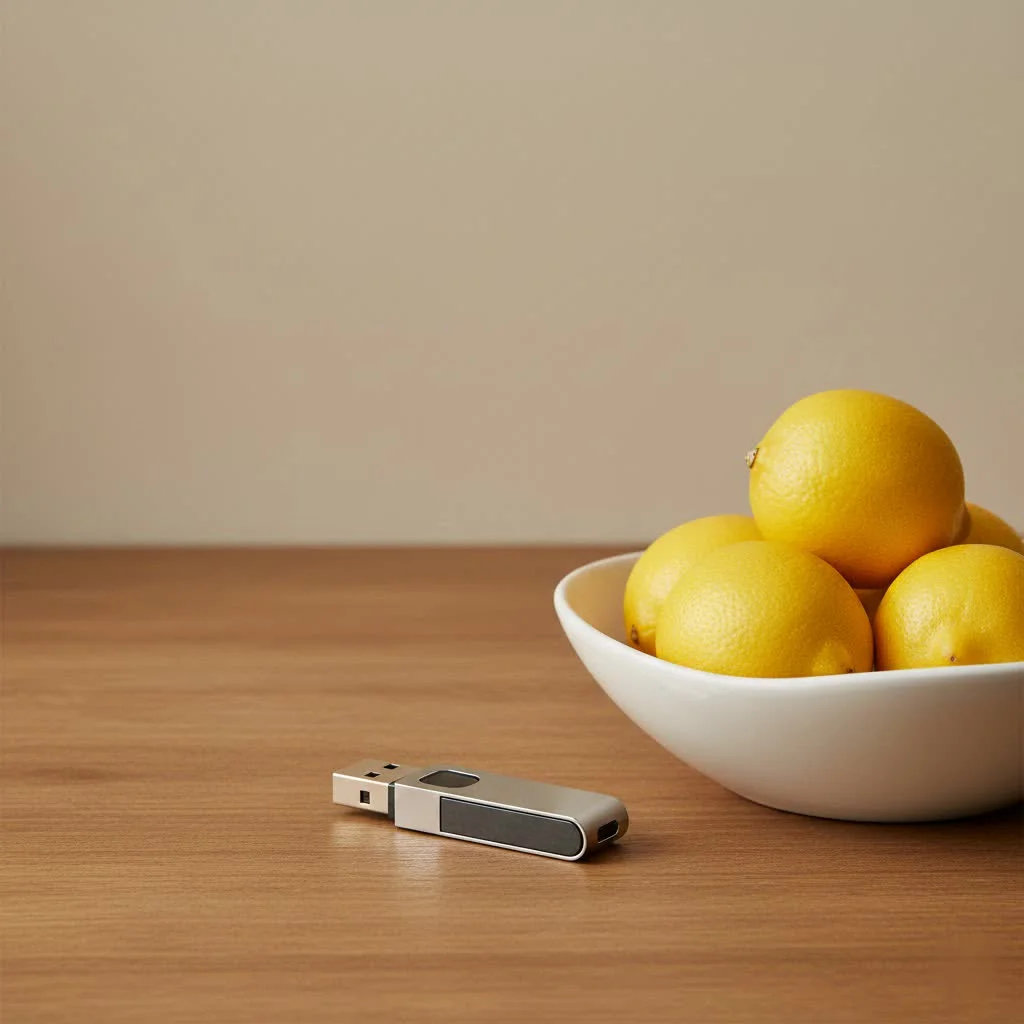 Close-up of a sleek, silver 128GB USB flash drive
